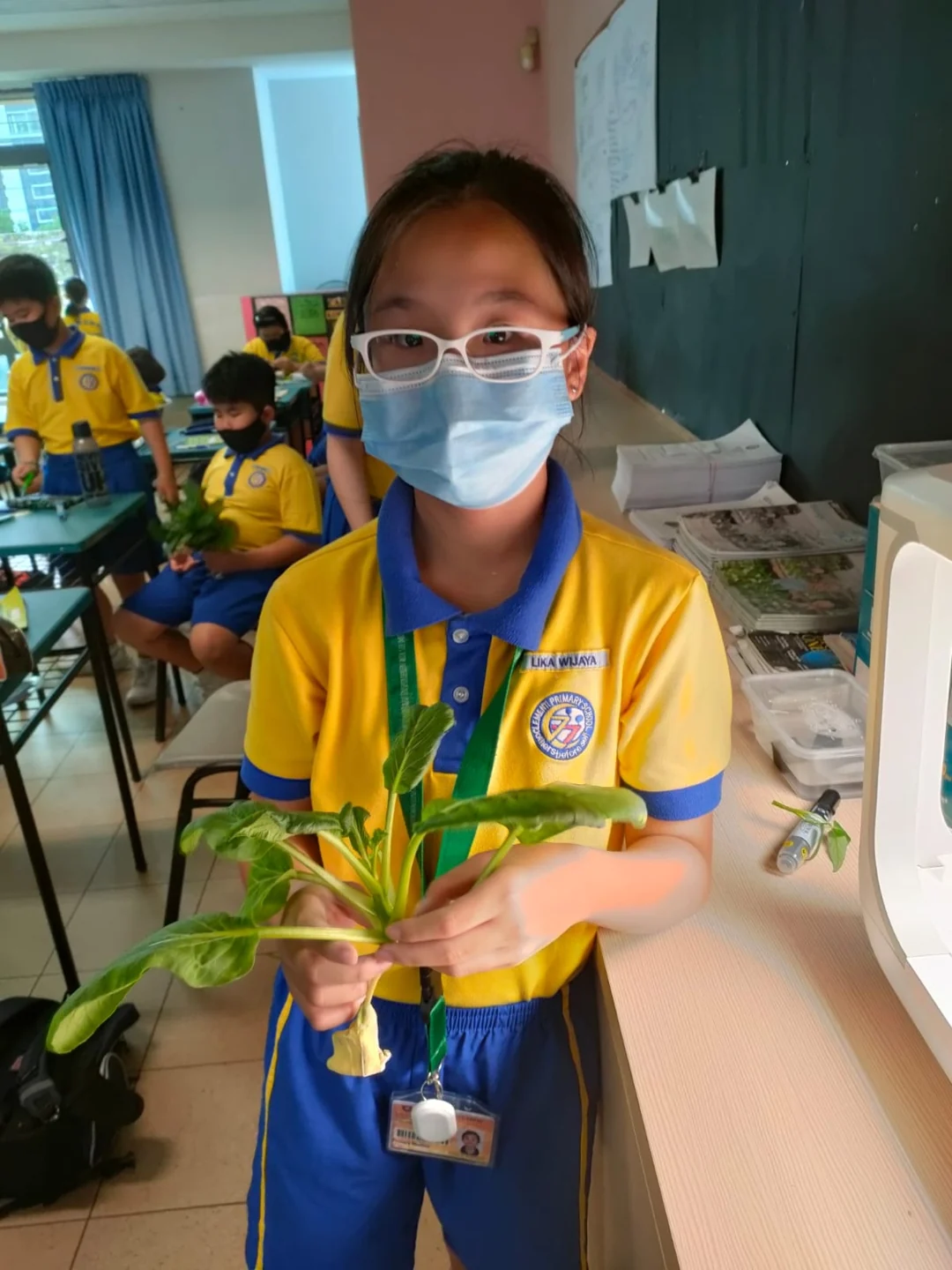 A student showing a leafy plant and its roots during a workshop